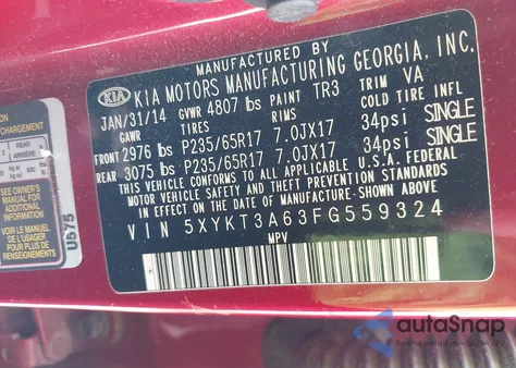 2015 Kia Sorento Lx из США, поврежденный, VIN 5XYKT3A63FG559324